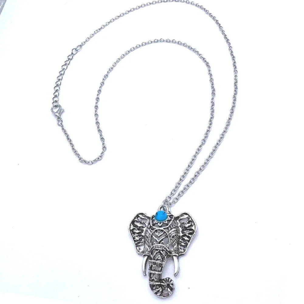 Silver Tone Elephant Necklace Blue Turquoise Style Stone‎ Boho Statement Pendant